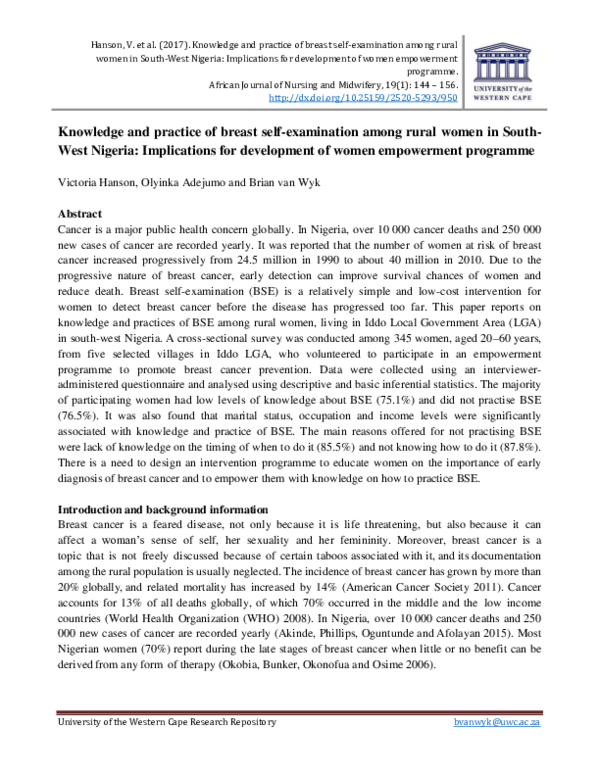 (PDF) Knowledge and Practice of Breast Self-Examination among Rural ...
