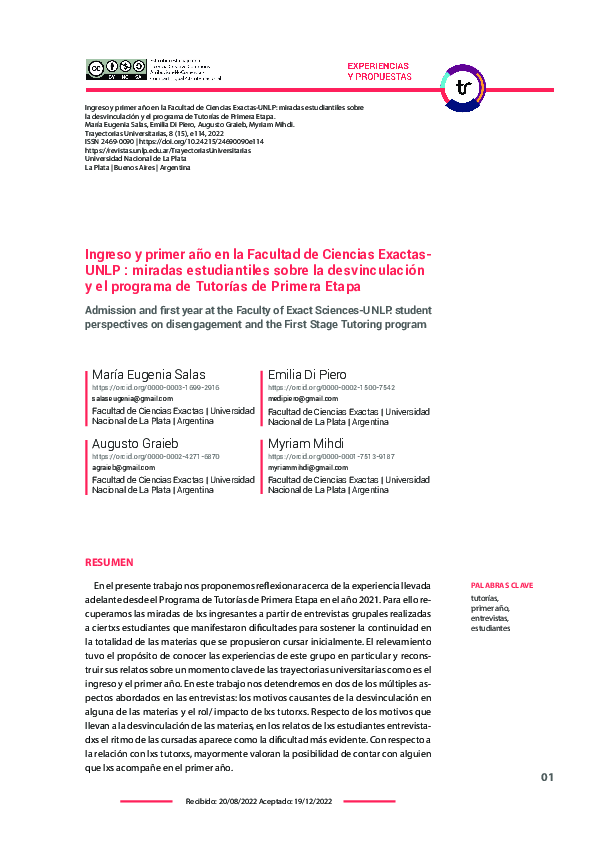 (PDF) Ingreso y primer año en la Facultad de Ciencias Exactas-UNLP ...