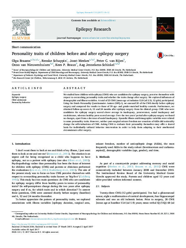 (PDF) Personality traits of children before and after epilepsy surgery