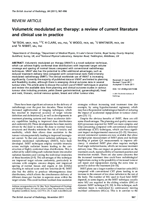 (PDF) Volumetric modulated arc therapy: a review of current literature ...