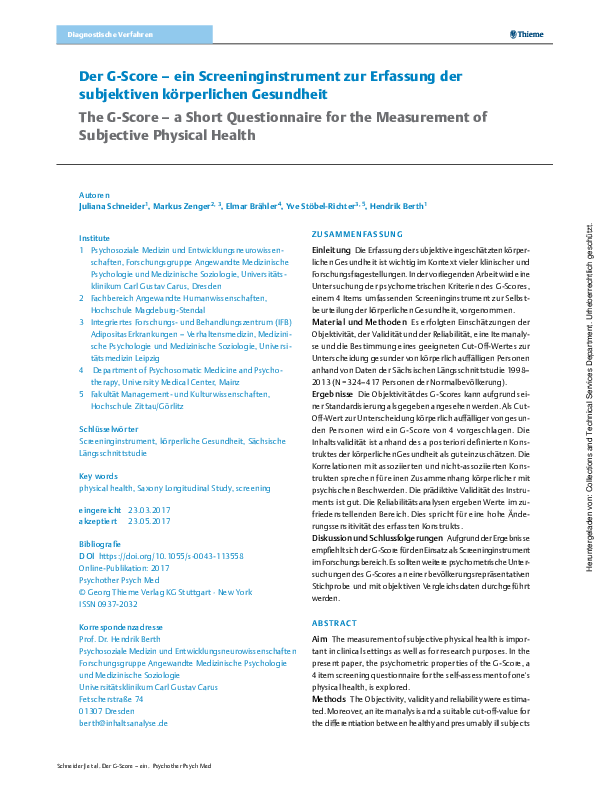(PDF) Der G-Score – ein Screeninginstrument zur Erfassung der ...