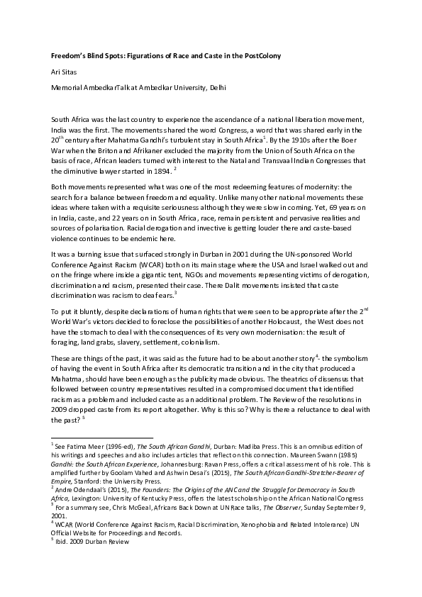 (PDF) Freedom’s blind spots: Figurations of race and caste in the ...