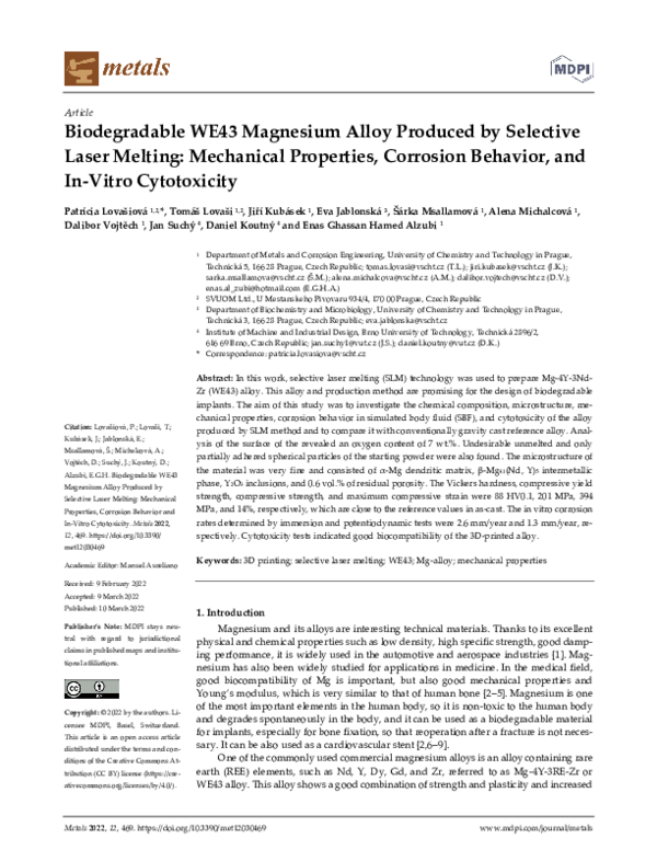 (PDF) Biodegradable WE43 Magnesium Alloy Produced by Selective Laser ...