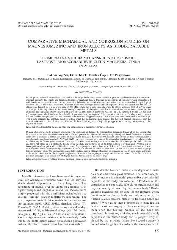 (PDF) Comparative mechanical and corrosion studies on magnesium, zinc ...