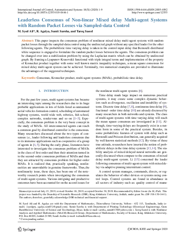 (PDF) Leaderless Consensus of Non-linear Mixed delay Multi-agent ...