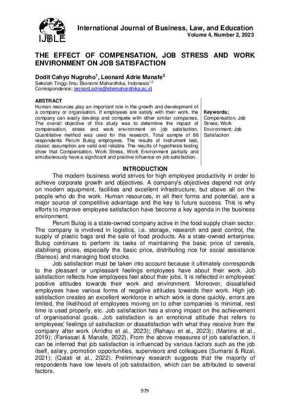(PDF) The Effect of Compensation, Job Stress and Work Environment on ...