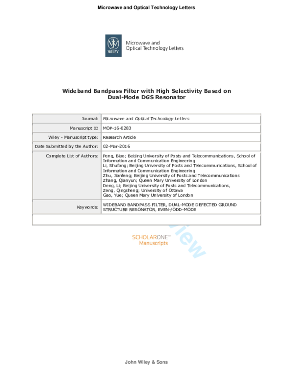 (PDF) Wideband bandpass filter with high selectivity based on dual-mode ...