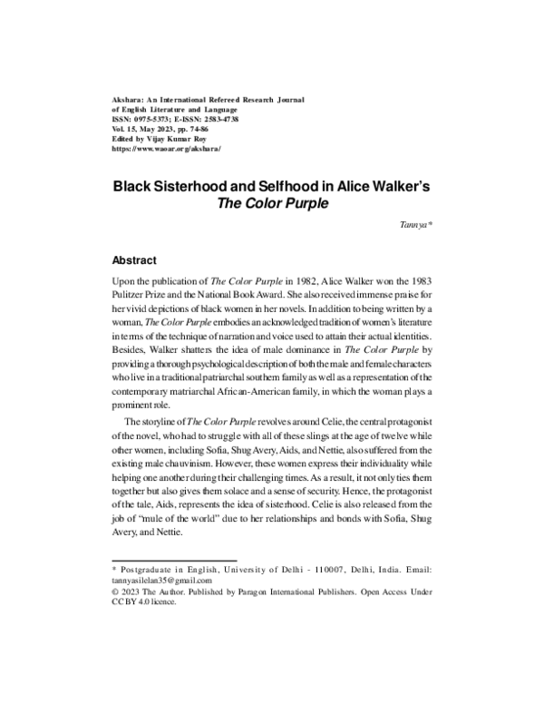 Cover page of academic paper on sisterhood in The Color Purple by Alice Walker