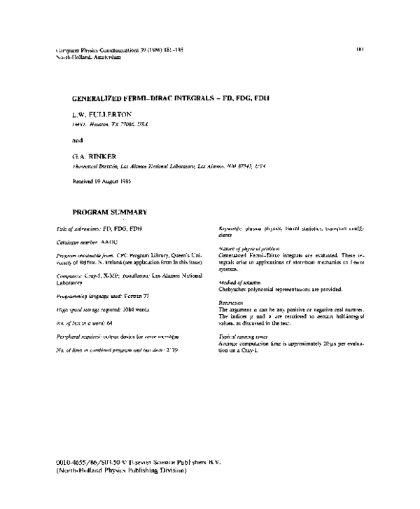 (PDF) Generalized Fermi-Dirac integrals — FD, FDG, FDH