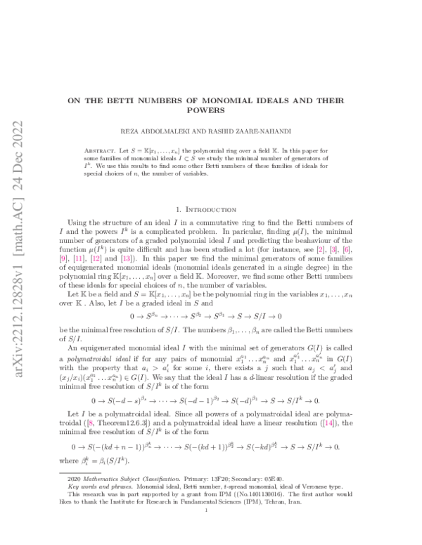 (PDF) On the Betti numbers of monomial ideals and their powers