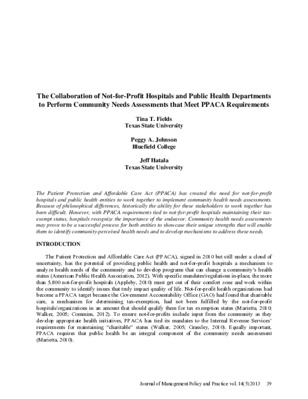 (PDF) The Collaboration of Not-for-Profit Hospitals and Public Health ...