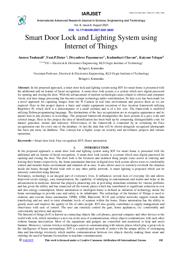 (PDF) Smart Door Lock and Lighting System using Internet of Things
