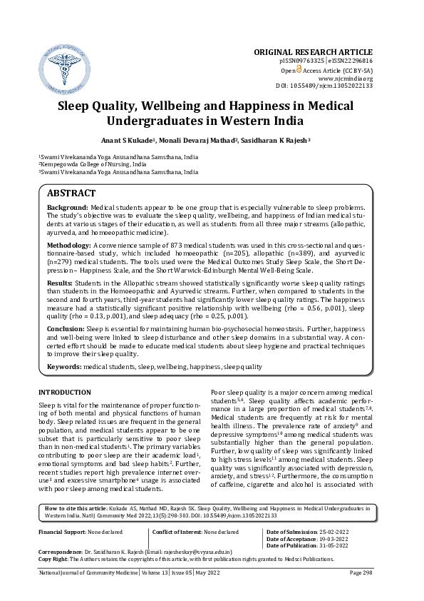 (PDF) Sleep Quality, Wellbeing and Happiness in Medical Undergraduates ...
