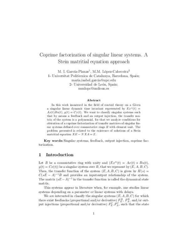 (PDF) Coprime Factorization of Singular Linear Systems. a Stein ...