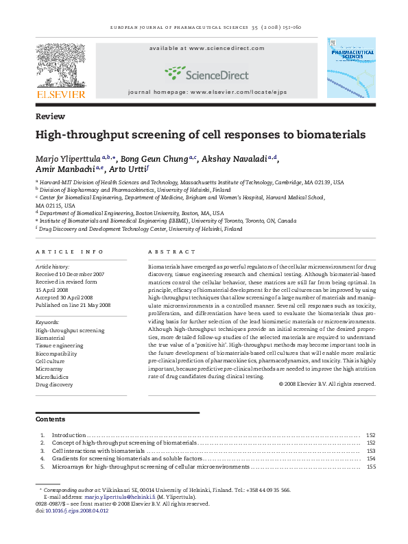 (PDF) High-throughput screening of cell responses to biomaterials