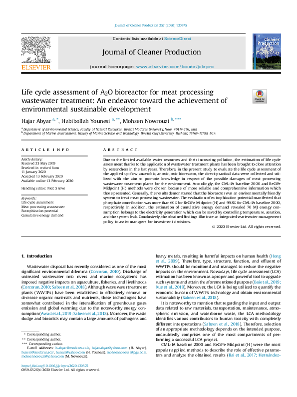 (PDF) Life cycle assessment of A2O bioreactor for meat processing ...