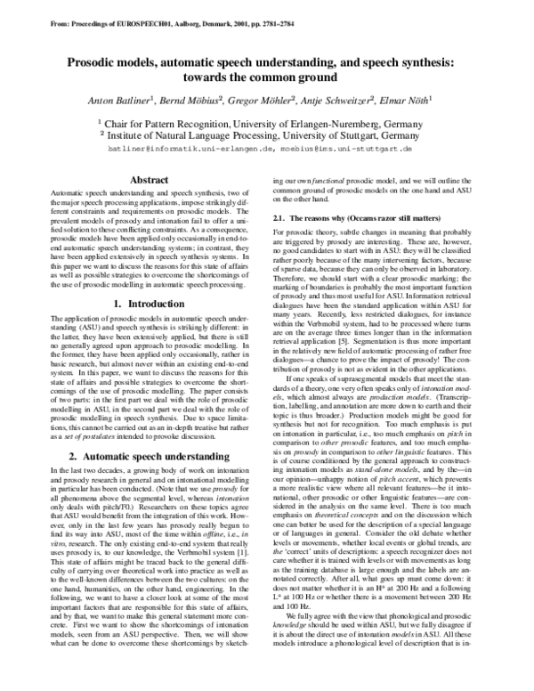 (PDF) Prosodic models, automatic speech understanding, and speech ...