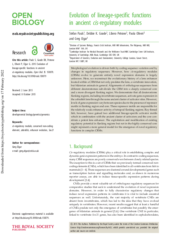 (PDF) Evolution of lineage-specific functions in ancient cis ...