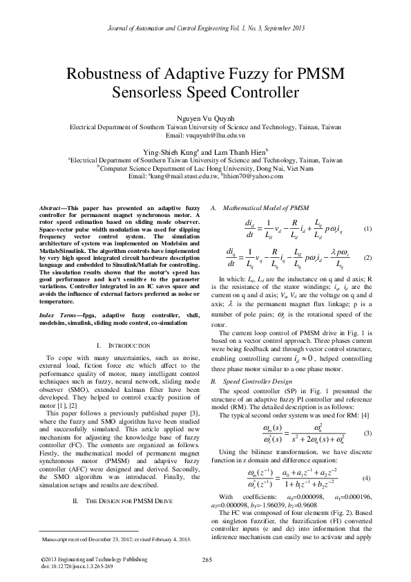 (PDF) Robustness of Adaptive Fuzzy for PMSM Sensorless Speed Controller