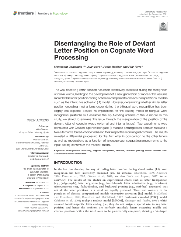 (PDF) Disentangling the Role of Deviant Letter Position on Cognate Word ...