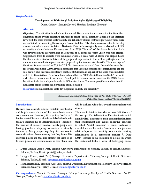 (PDF) Development of DOB Social Isolation Scale: Validity and Reliability