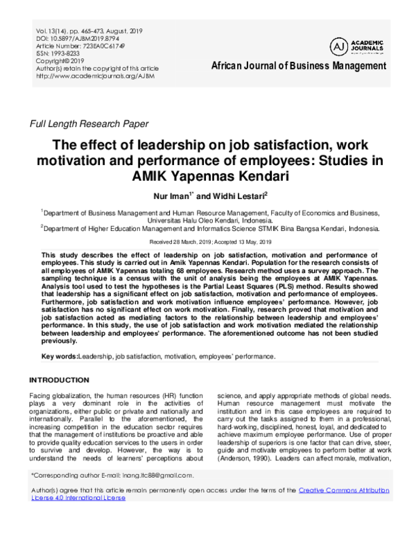 (PDF) The effect of leadership on job satisfaction, work motivation and ...
