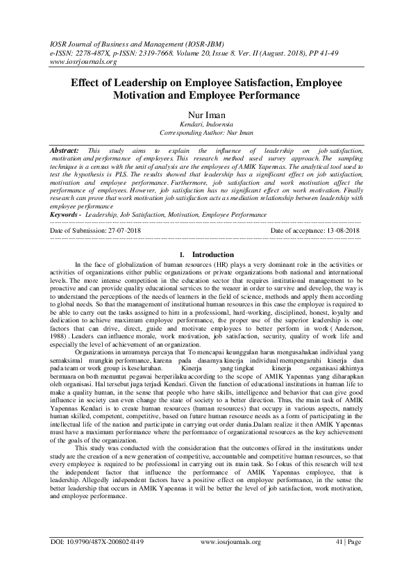 (PDF) Effect of Leadership on Employee Satisfaction, Employee ...