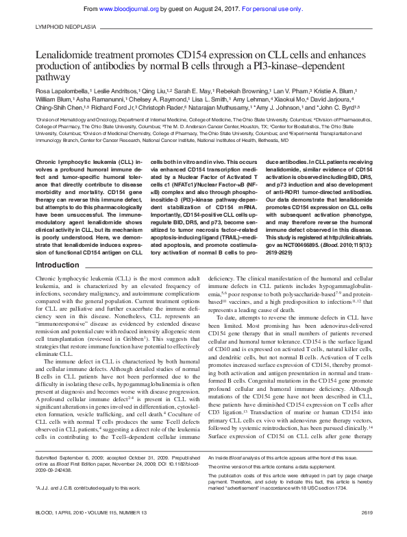 (PDF) Lenalidomide treatment promotes CD154 expression on CLL cells and ...