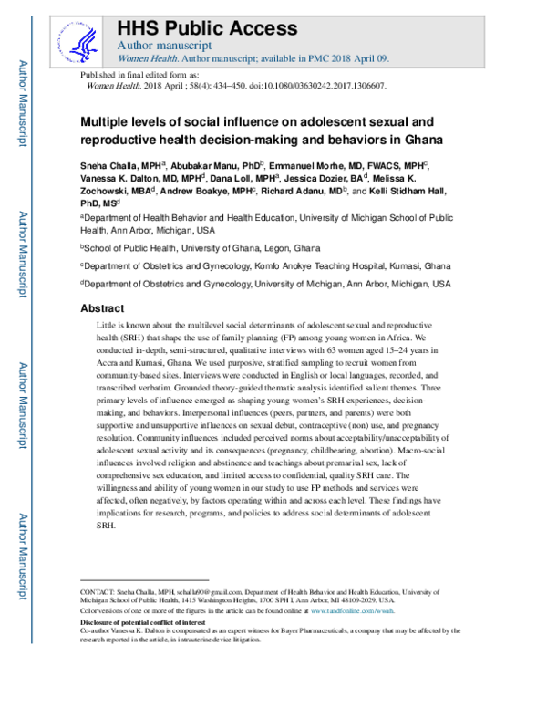 (PDF) Multiple levels of social influence on adolescent sexual and ...