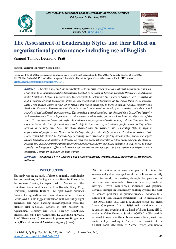(PDF) The Assessment of Leadership Styles and their Effect on ...