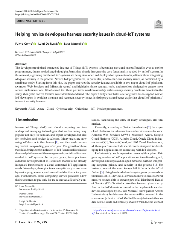 (PDF) Helping novice developers harness security issues in cloud-IoT ...