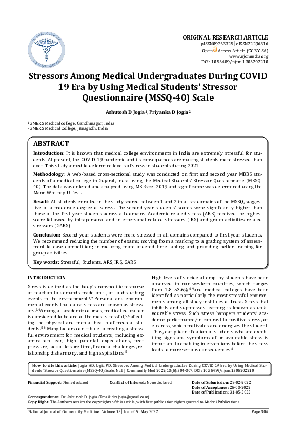 (PDF) Stressors Among Medical Undergraduates During COVID 19 Era by ...