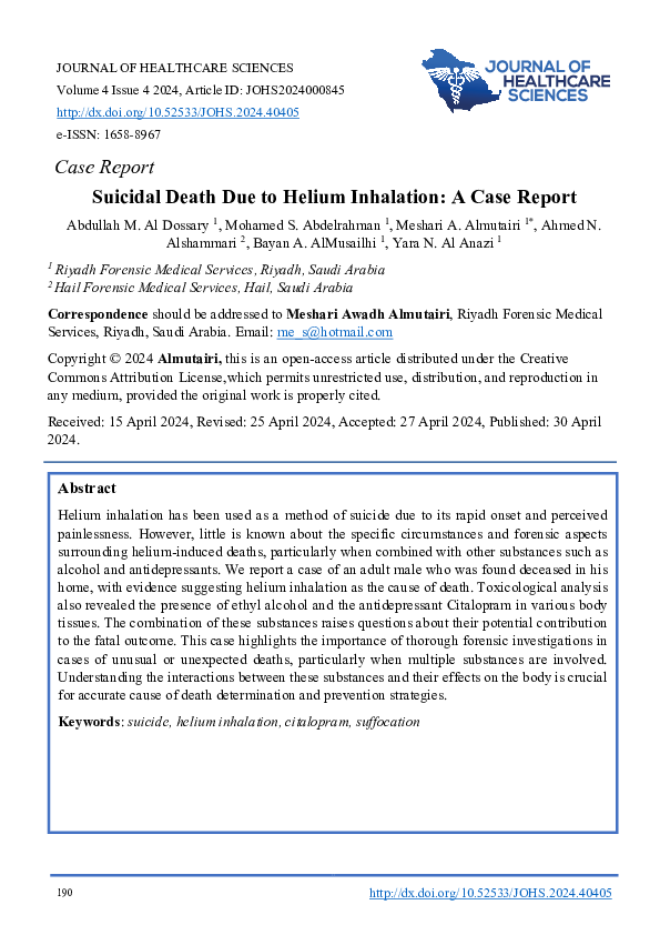 (PDF) Suicidal Death Due to Helium Inhalation: A Case Report