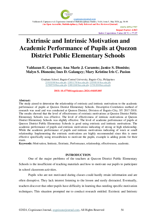 (PDF) Extrinsic and Intrinsic Motivation and Academic Performance of ...