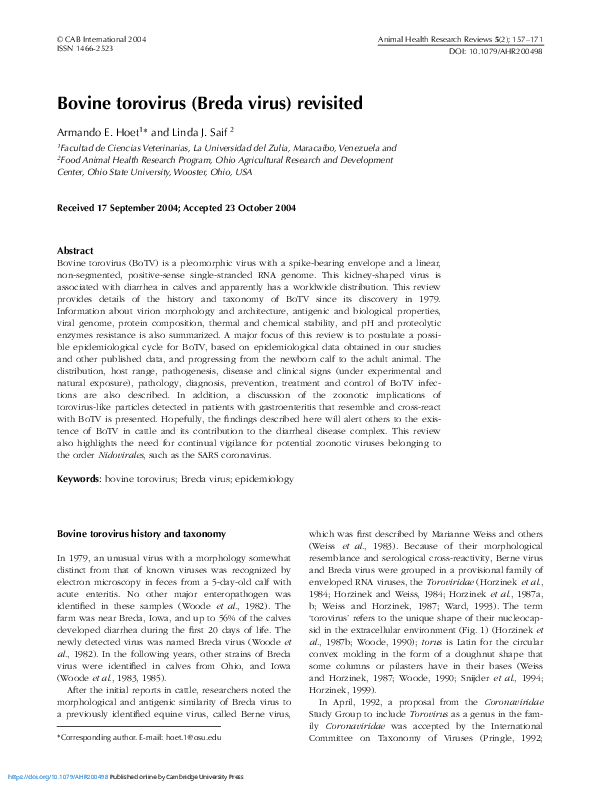 (PDF) Bovine torovirus (Breda virus) revisited