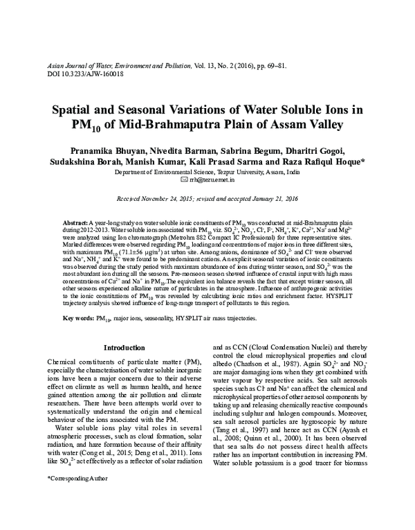 (PDF) Spatial and Seasonal Variations of Water Soluble Ions in PM10 of ...