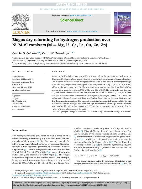 (PDF) Biogas dry reforming for hydrogen production over Ni-M-Al ...
