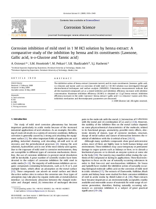 (PDF) Corrosion inhibition of mild steel in 1M HCl solution by henna ...