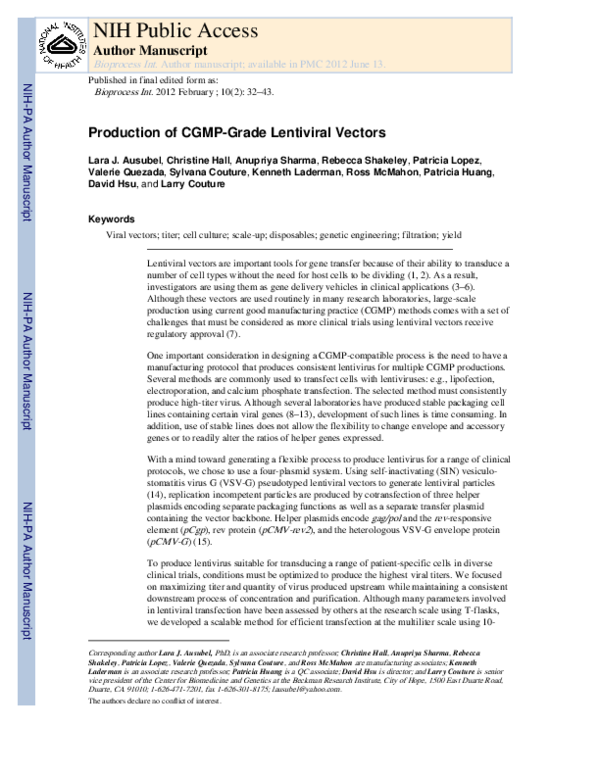 (PDF) Production of CGMP-Grade Lentiviral Vectors