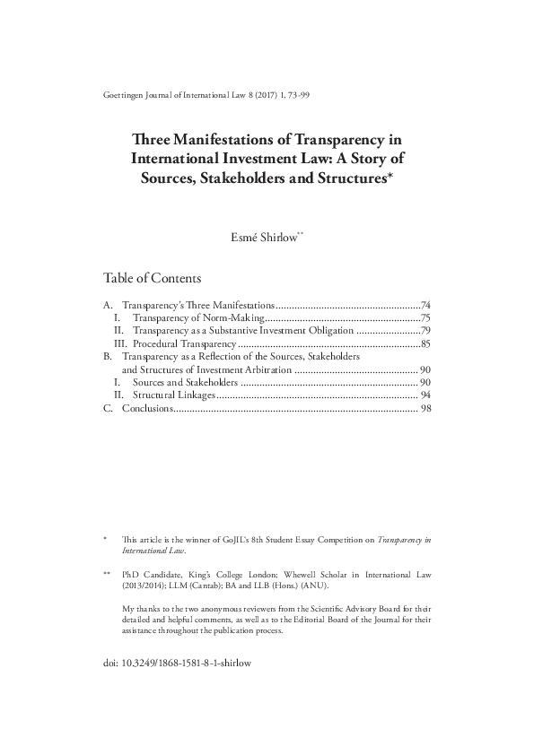 (PDF) Three Manifestations of Transparency in International Investment ...