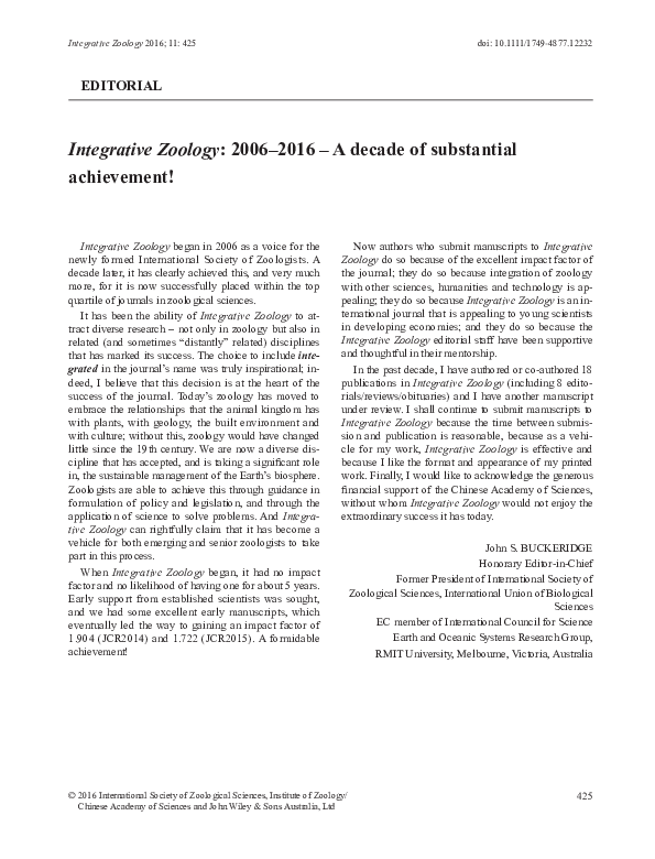 (PDF) Integrative Zoology: 2006-2016 - A decade of substantial achievement!