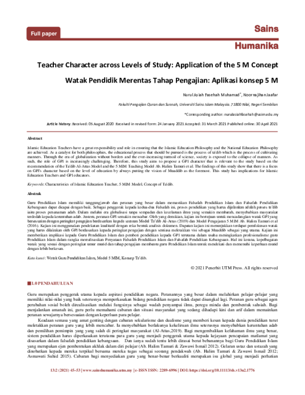 (PDF) Teacher Character across Levels of Study: Application of the 5 M ...