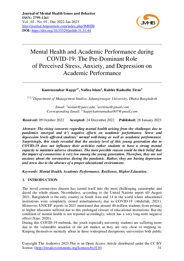(PDF) Mental Health and Academic Performance during COVID-19: The Pre ...