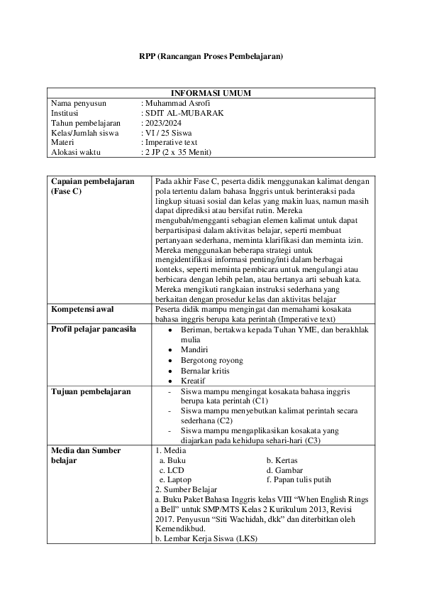 (PDF) RPP (Rancangan Proses Pembelajaran) INFORMASI UMUM Nama penyusun ...