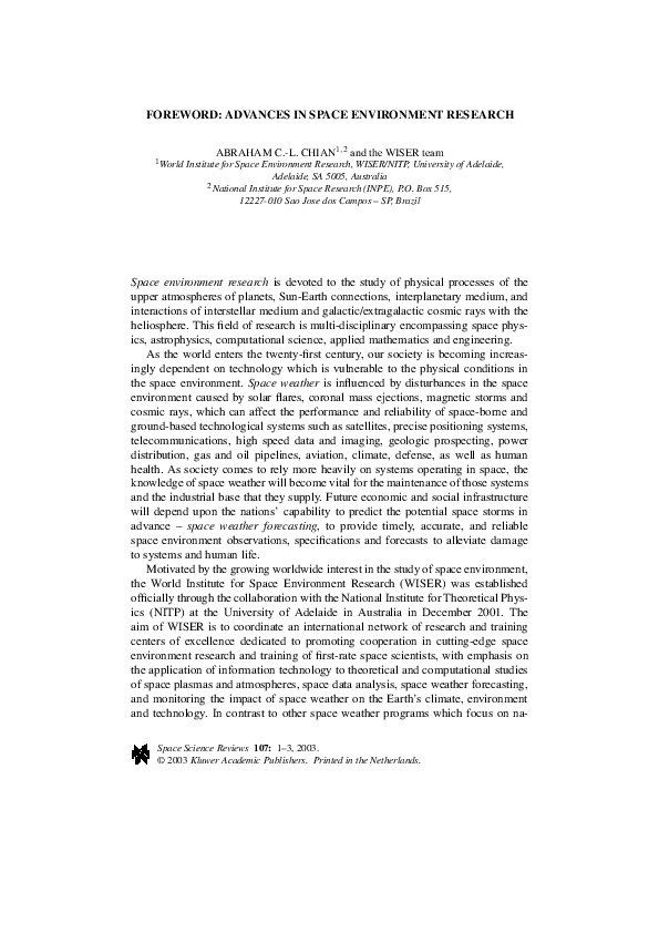 (PDF) Foreword: Advances in Space Environment Research