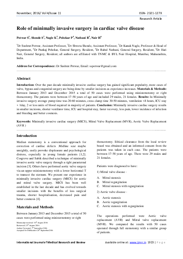 (PDF) Role of minimally invasive surgery in cardiac valve disease