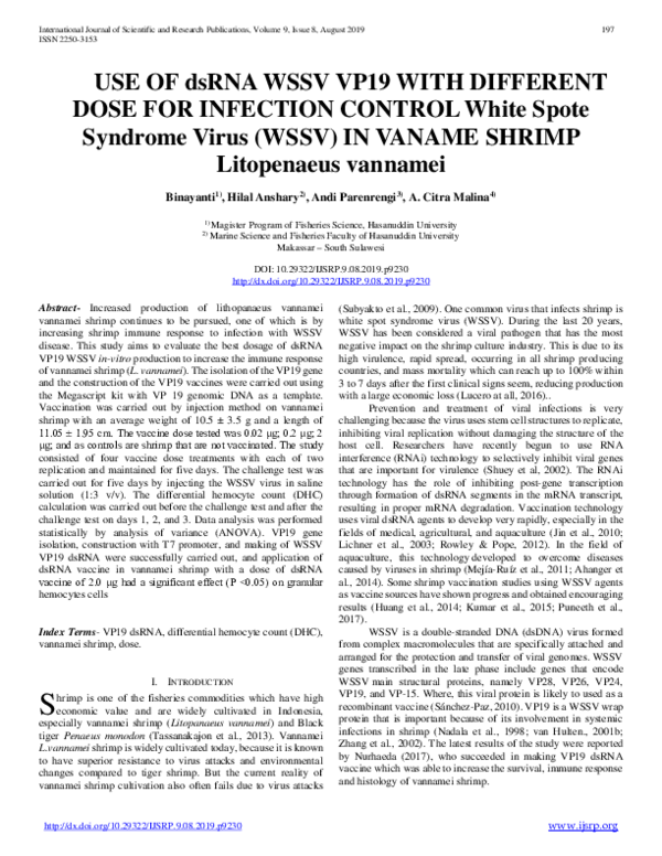 (PDF) USE OF dsRNA WSSV VP19 WITH DIFFERENT DOSE FOR INFECTION CONTROL ...