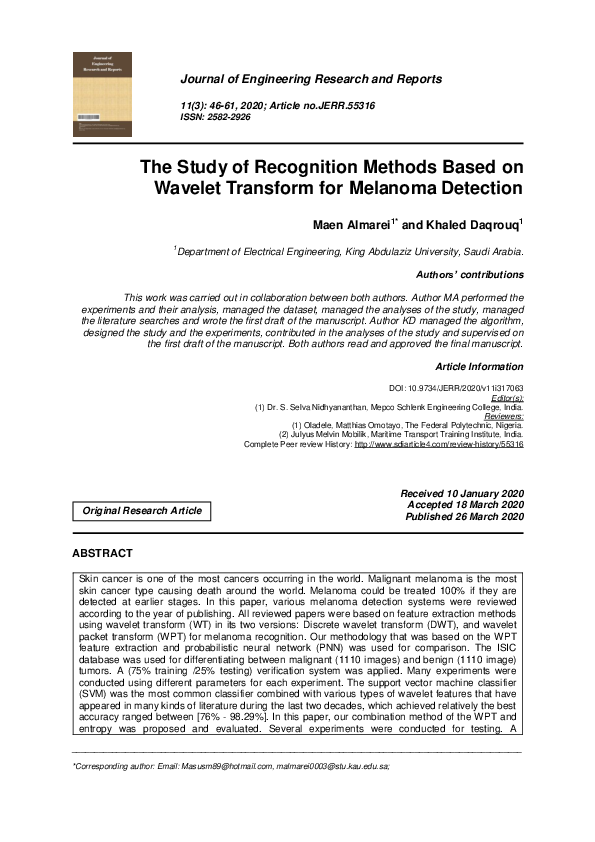 (PDF) The Study of Recognition Methods Based on Wavelet Transform for ...