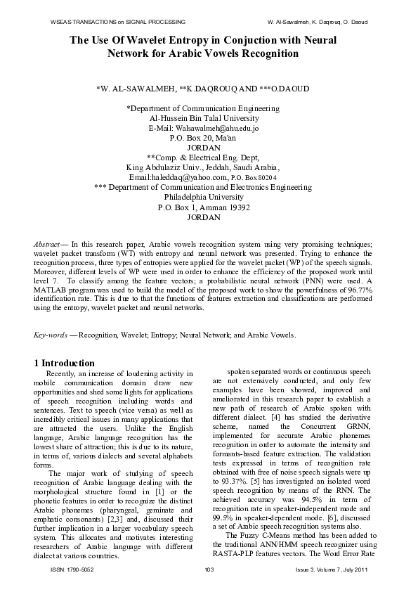 (PDF) The use of wavelet entropy in conjuction with neural network for ...