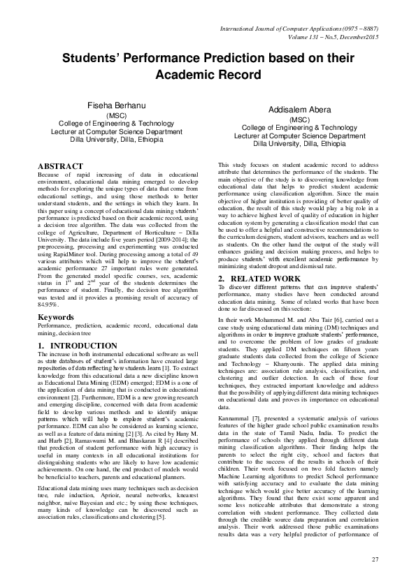 (PDF) Students’ Performance Prediction based on their Academic Record